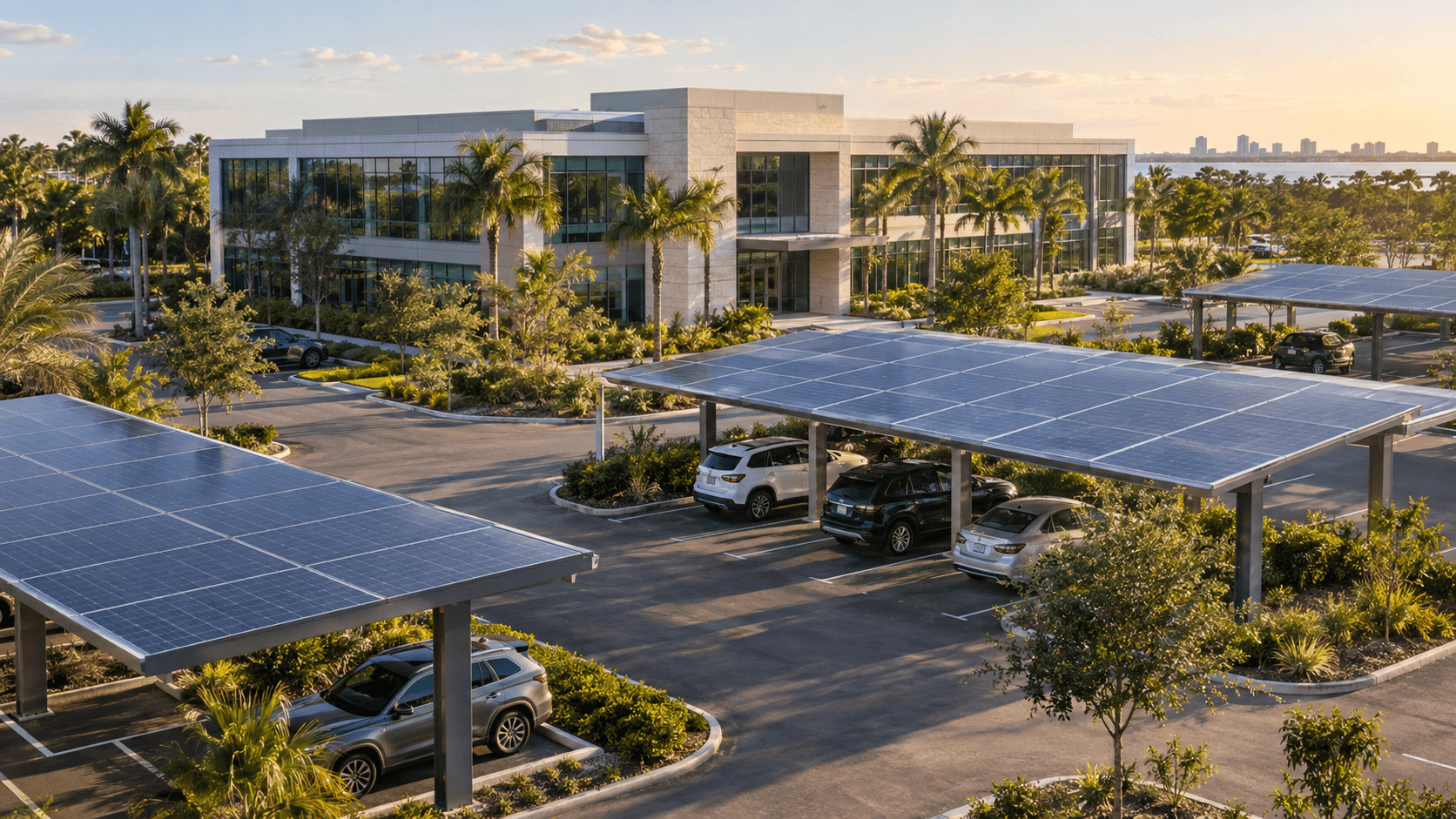 Concept of a clean-energy facility with solar panels and integrated infrastructure