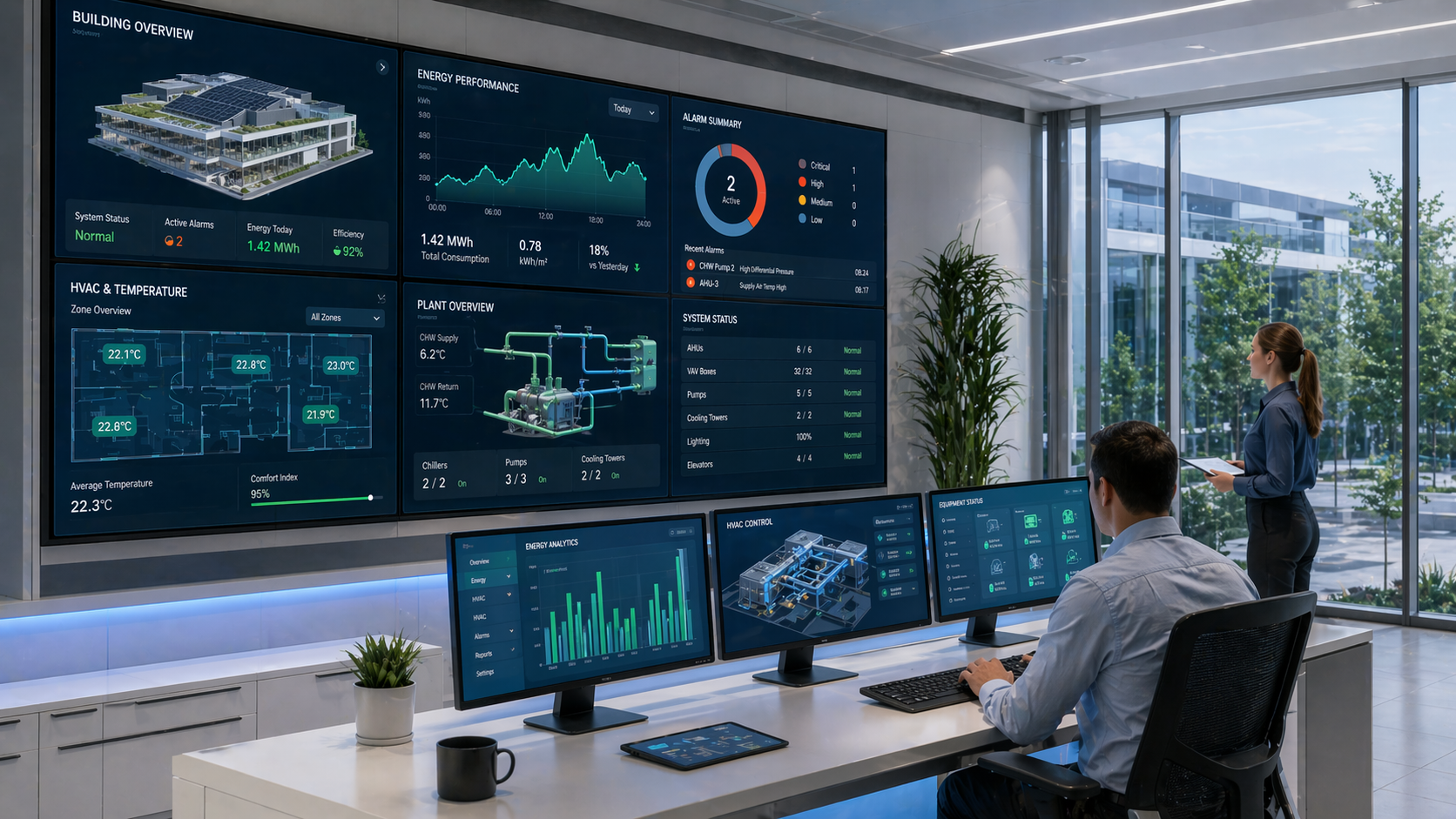 Modern building management system control center with dashboards and facility monitoring