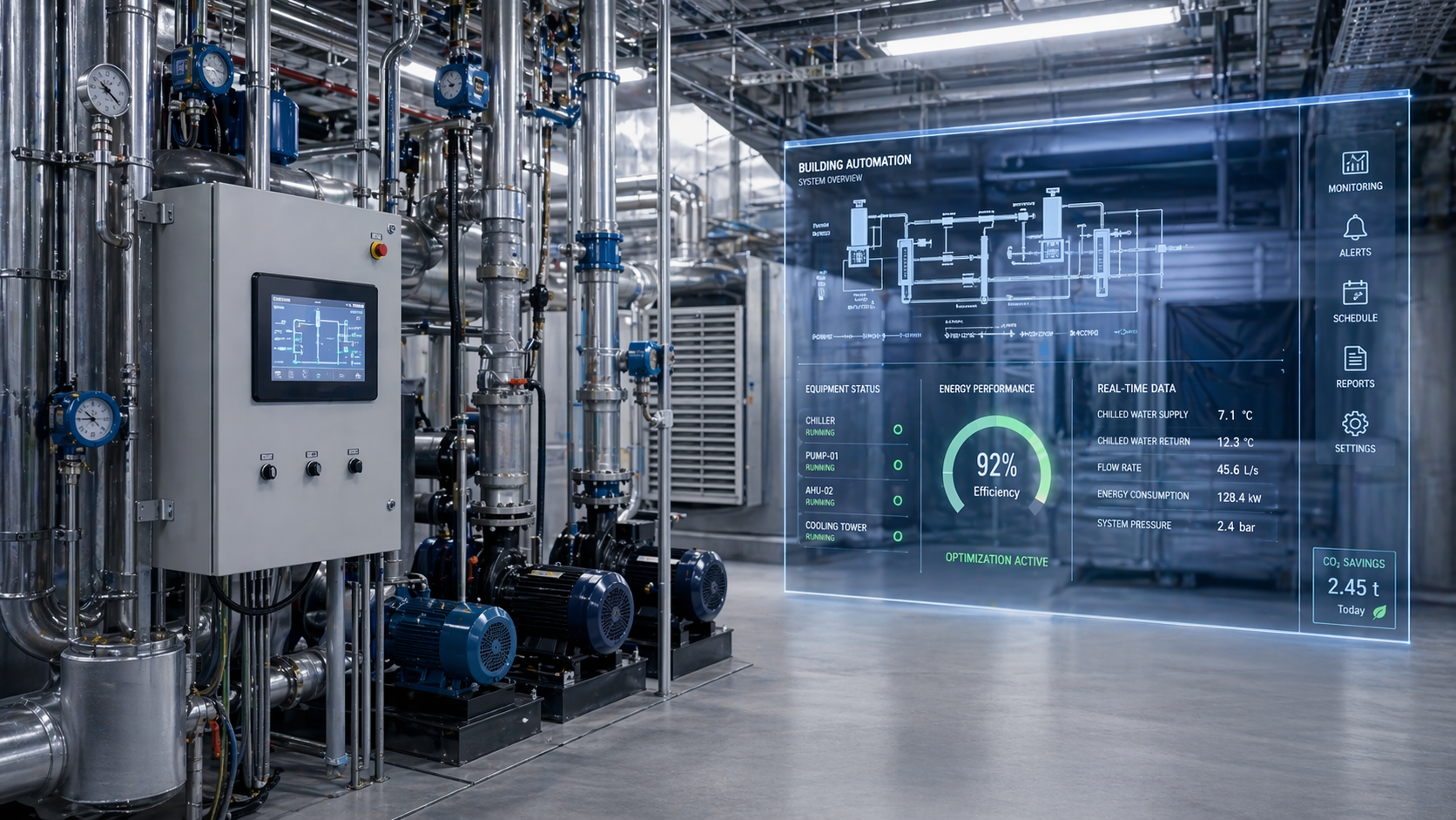 HVAC plant automation with control panel, piping and smart building interface
