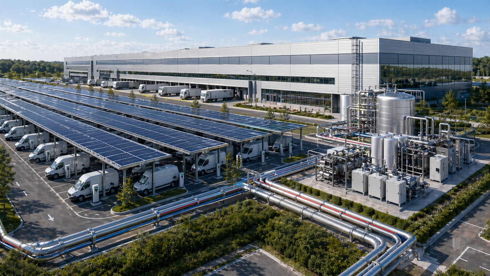 PVT carports across a large industrial parking area supporting clean energy and thermal systems