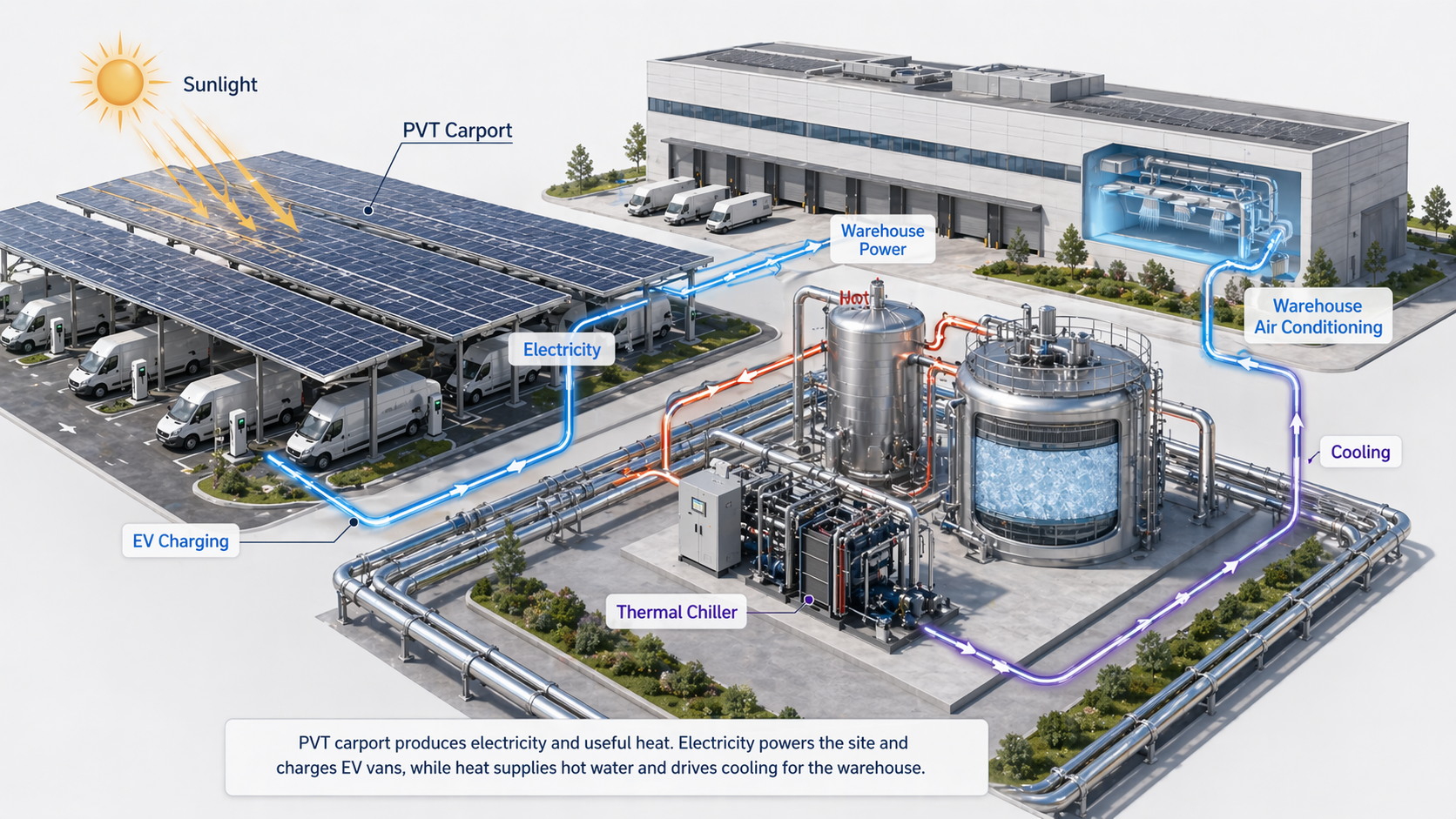 Energy-flow diagram showing PVT carports, EV charging, thermal storage and facility cooling