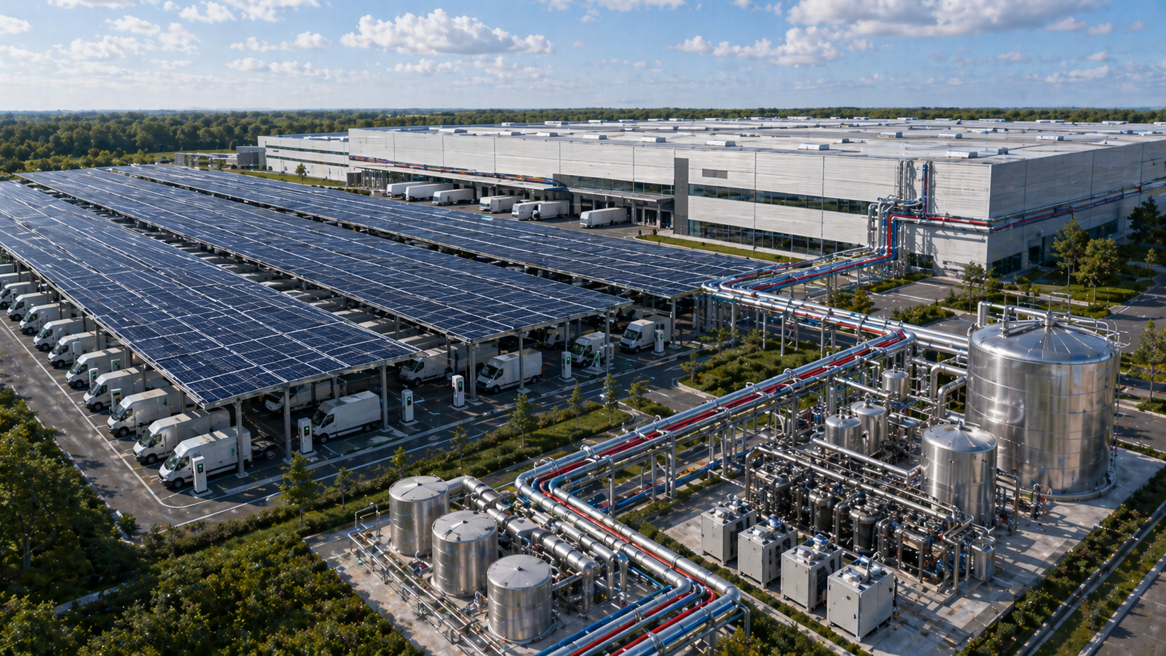 Large-scale PVT carport facility with solar generation, electric vehicle charging and thermal infrastructure