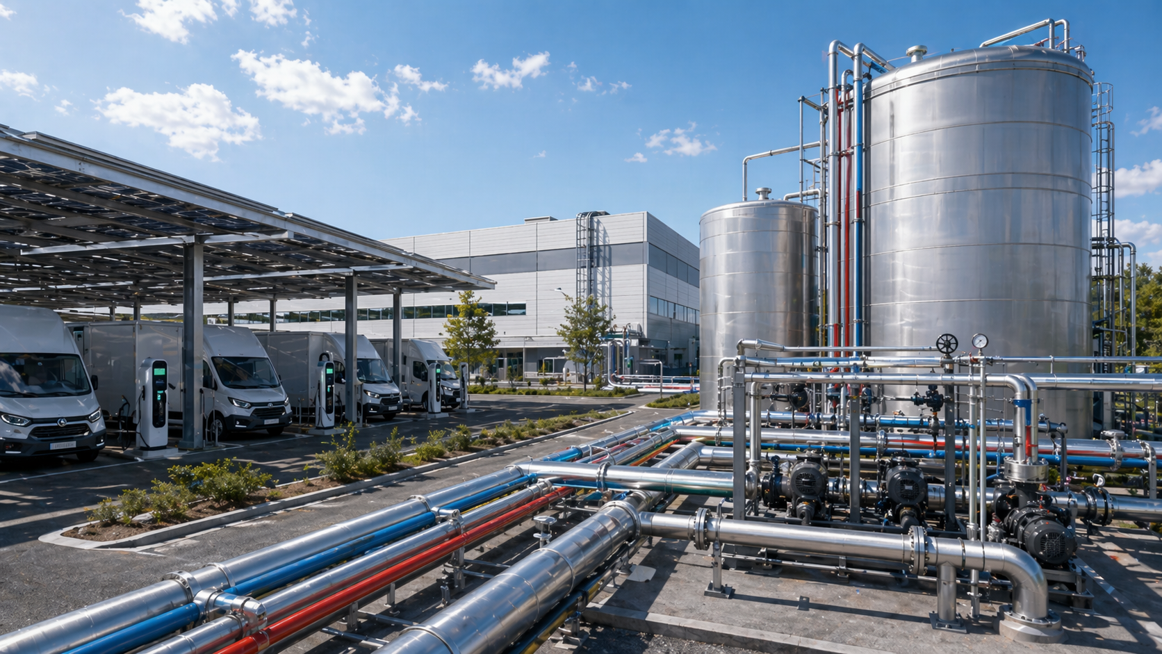 Industrial logistics yard with tanks, external piping and solar infrastructure
