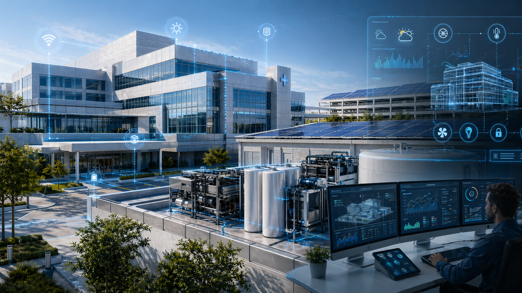 Smart building automation concept with solar integration and digital BMS overlays